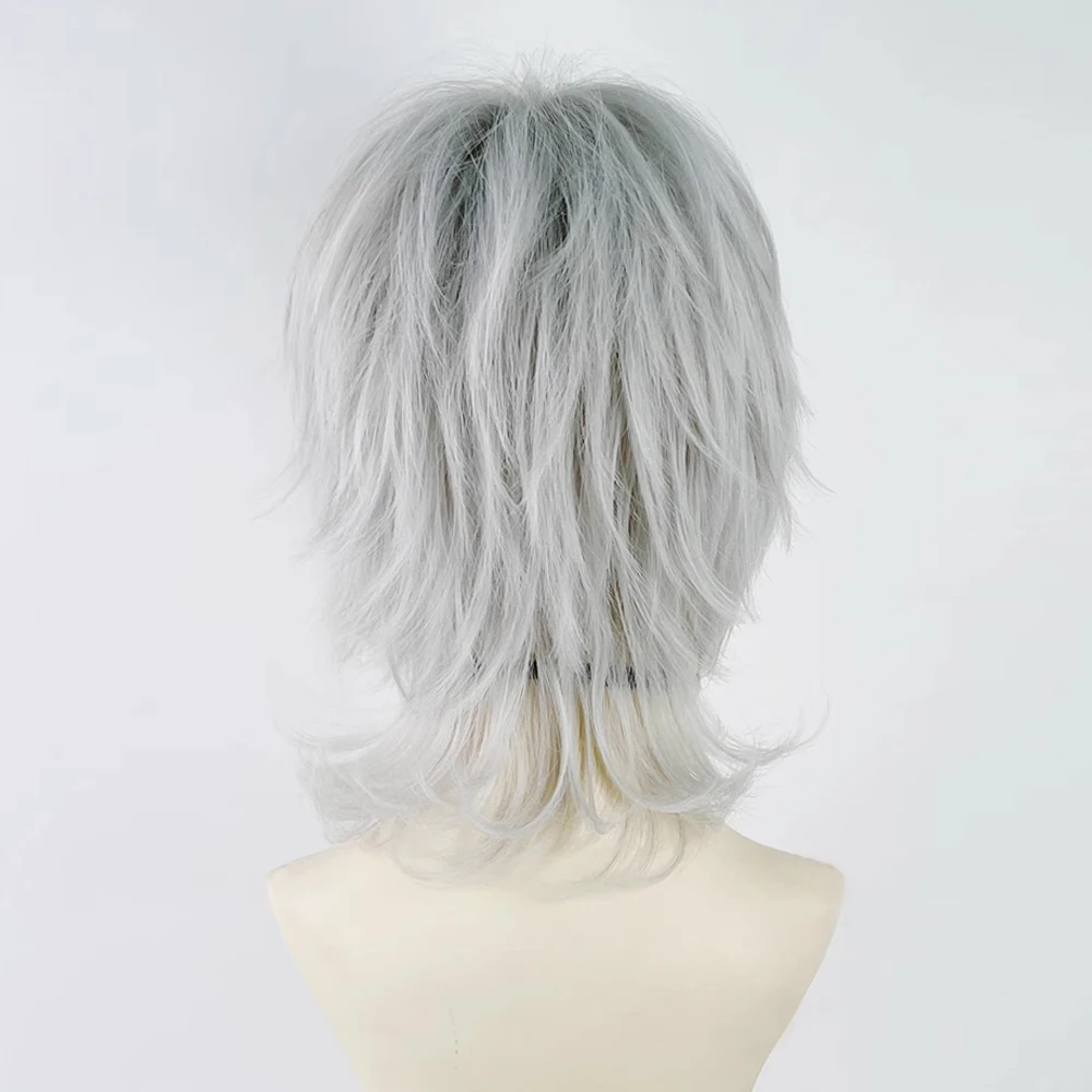 RANYU Silver White Short Synthetic Straight Mullet Head Wig Fluffy Natural Men Women Anime Cosplay Hair Wig for Daily Party