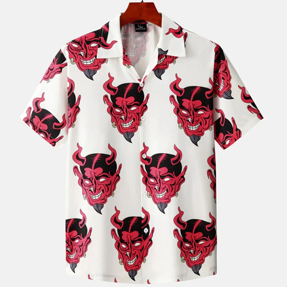 Hawaiian Shirt for Men Cuban Collar Devil Print Men\'s Shirt Fashion Streetwear Summer Short Sleeve Top Trendy New Men\'s Clothing