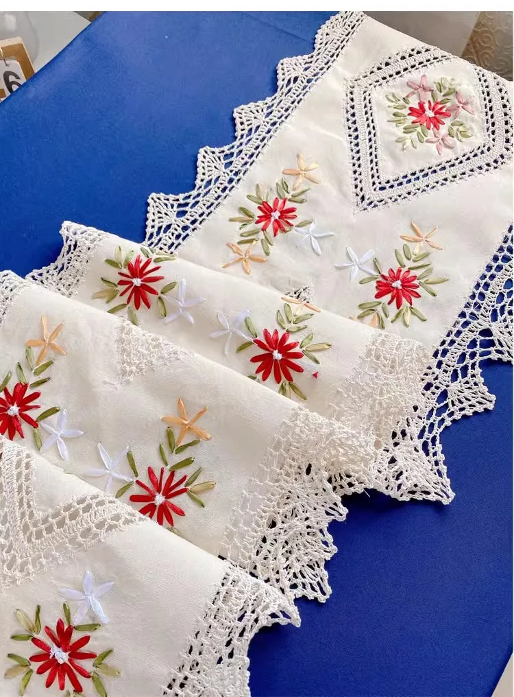 Fashion design Russia style ribbon embroidered table fabric table runner cover  rectangle beige 100% cotton cabinet cloth