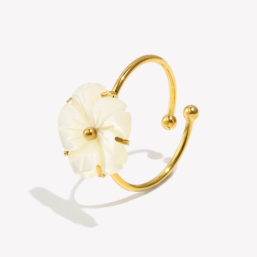 E.B.belle PVD مطلي أنيق الأبيض شل زهرة قابل للتعديل خواتم الفولاذ المقاوم للصدأ النساء حفلة عطلة بيان مجوهرات