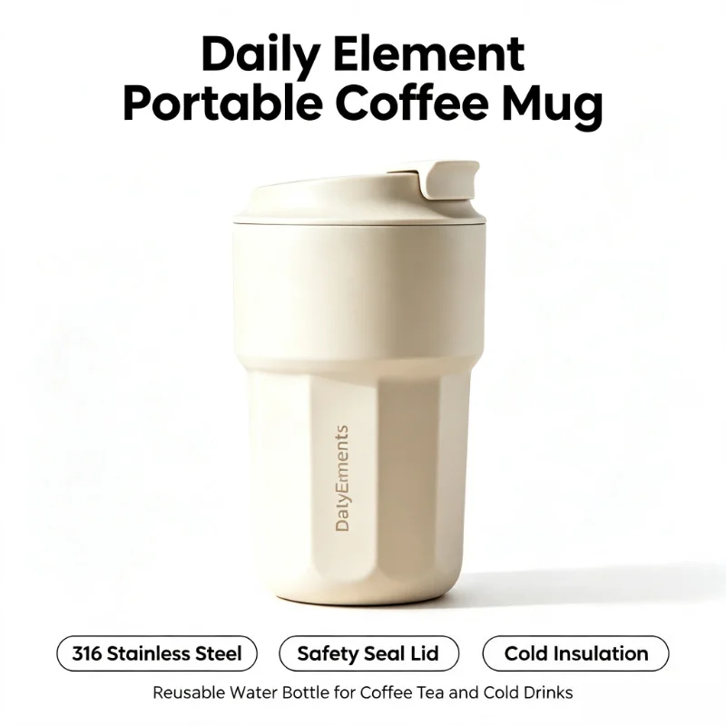 Daily Element Portable Water Cup Coffee Mug 316 Stainless Steel Safety Seal Cold Storage Thermos Cup Leak Proof Snap Lock Lid