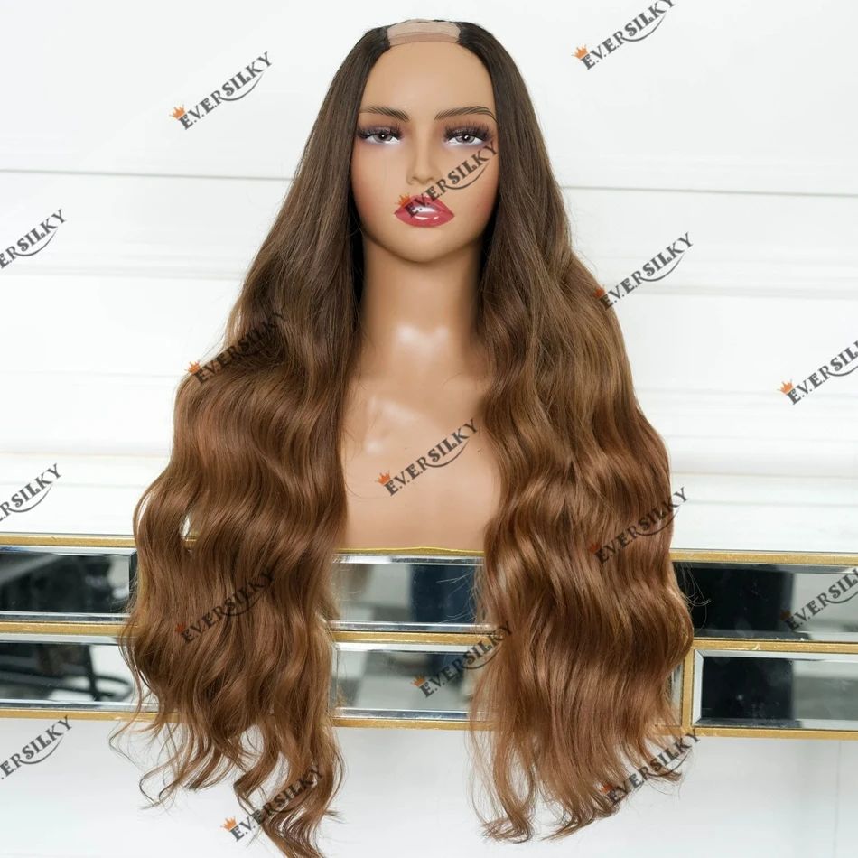 

Mahcine Made 100% Human Hair 2x4 U Part Wig Ombre Golden Blonde Brown Root 200 Density Remy Indian Human Hair V Part Wigs