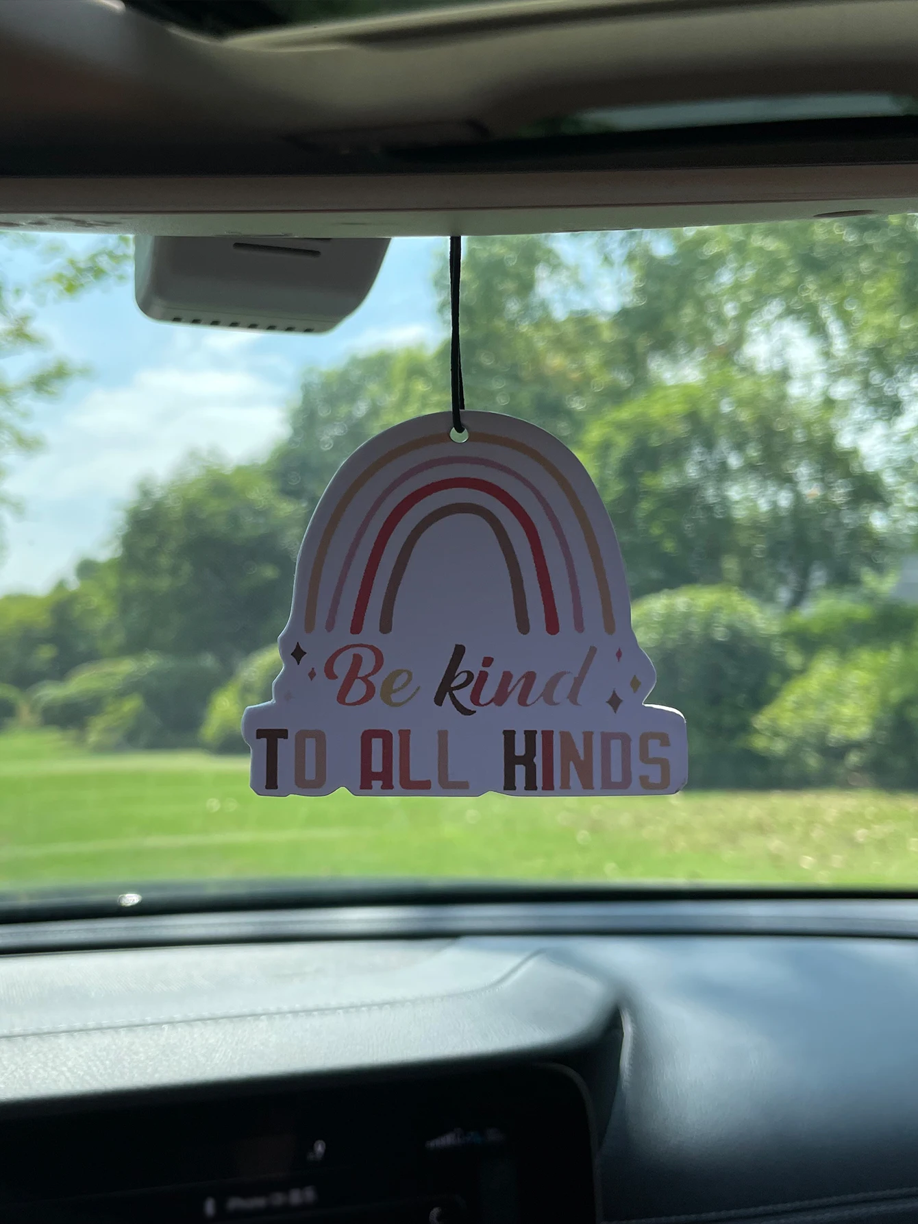 Be Kind To All Kinds Boho Rainbow Hanging Car Air Freshener Scent Card, Neutral Retro Rainbow Quote Design, Natural Plant Extrac