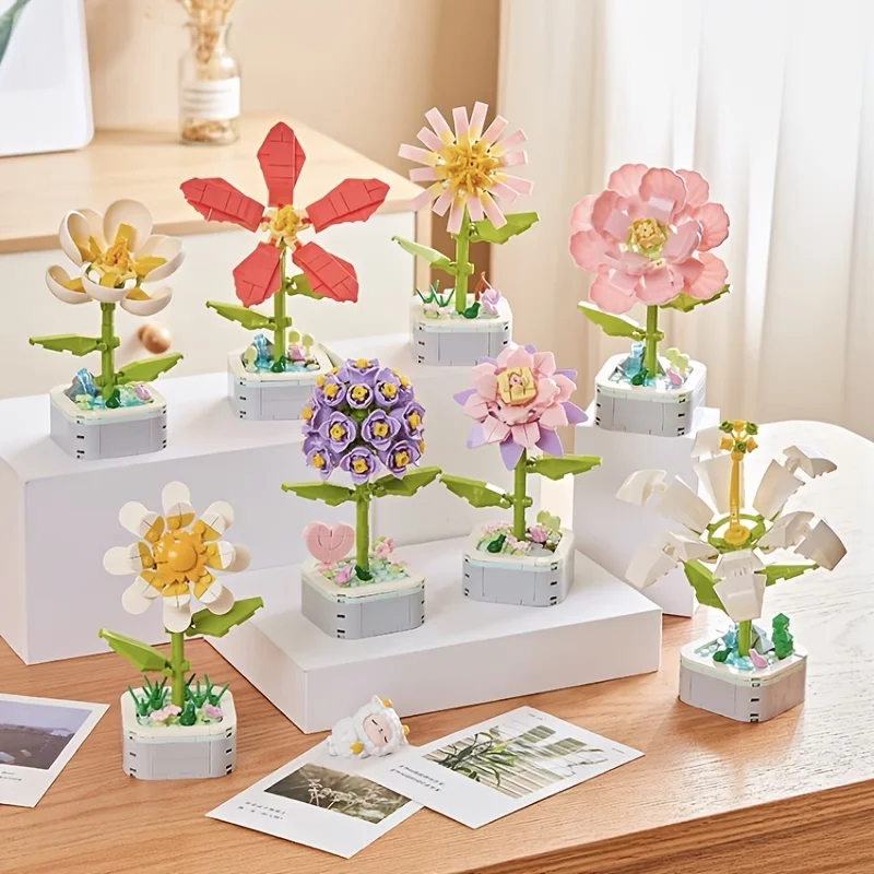 Children Creative Flower Building Block Kit Toys ABS Immortal Potted Plant Assembling Ornaments Set Birthday Christmas Gifts