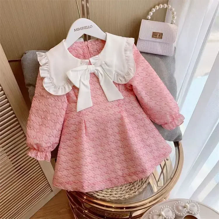 Spring Autumn Girl Dress Baby Children Personality Tide Lotus Leaf Collar Sweet Princess Simple Fashion 2024 Turn Down Collar