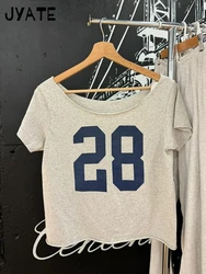 28 Print Slash Neck T-shirts Women Summer New Cotton Soft Gray Raw Hem Short Sleeve Crop Tops Vintage Chic Streetwear Tshirt Y2K