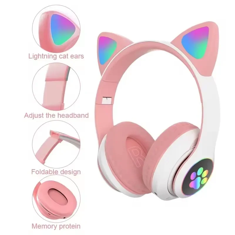 Glowing Cute Cat Ear Paw LED Headphones Wireless Headset Wireless Girls Gift Kids Gamer Headphones No Light Christmas presents