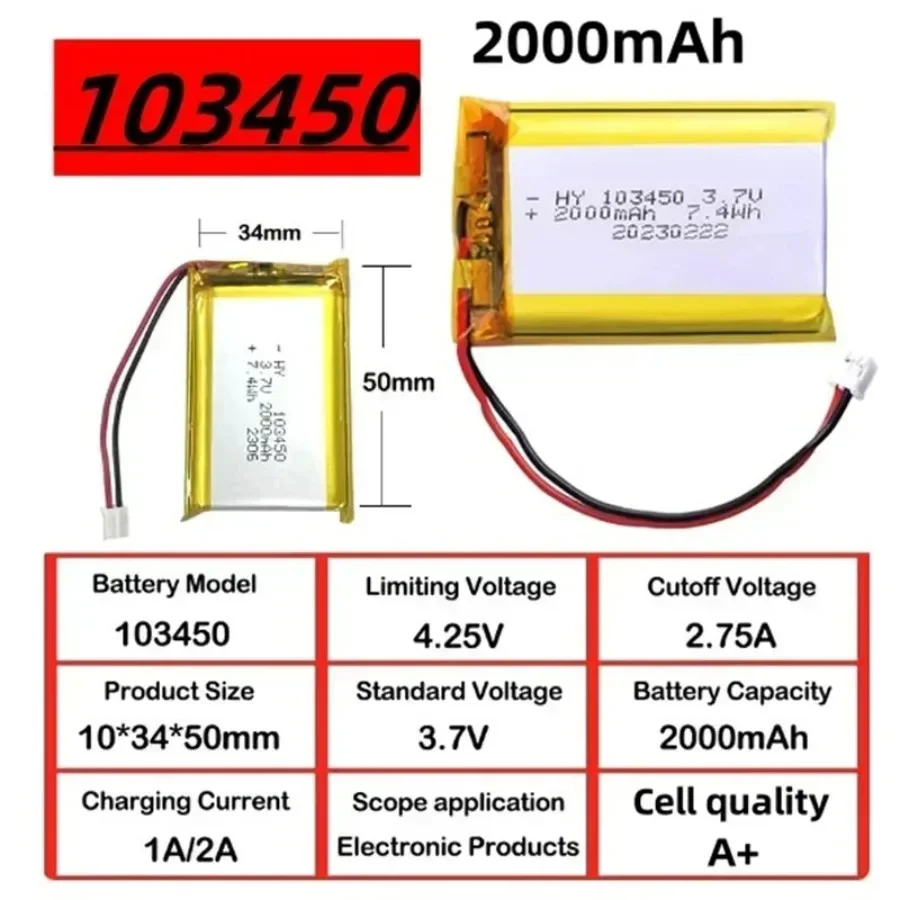 103450 3.7V 2000mAh Polymer Lithium Rechargeable Battery jst PH 2.0mm 2pin plug for Camera GPS navigator MP5 Bluetooth Headset