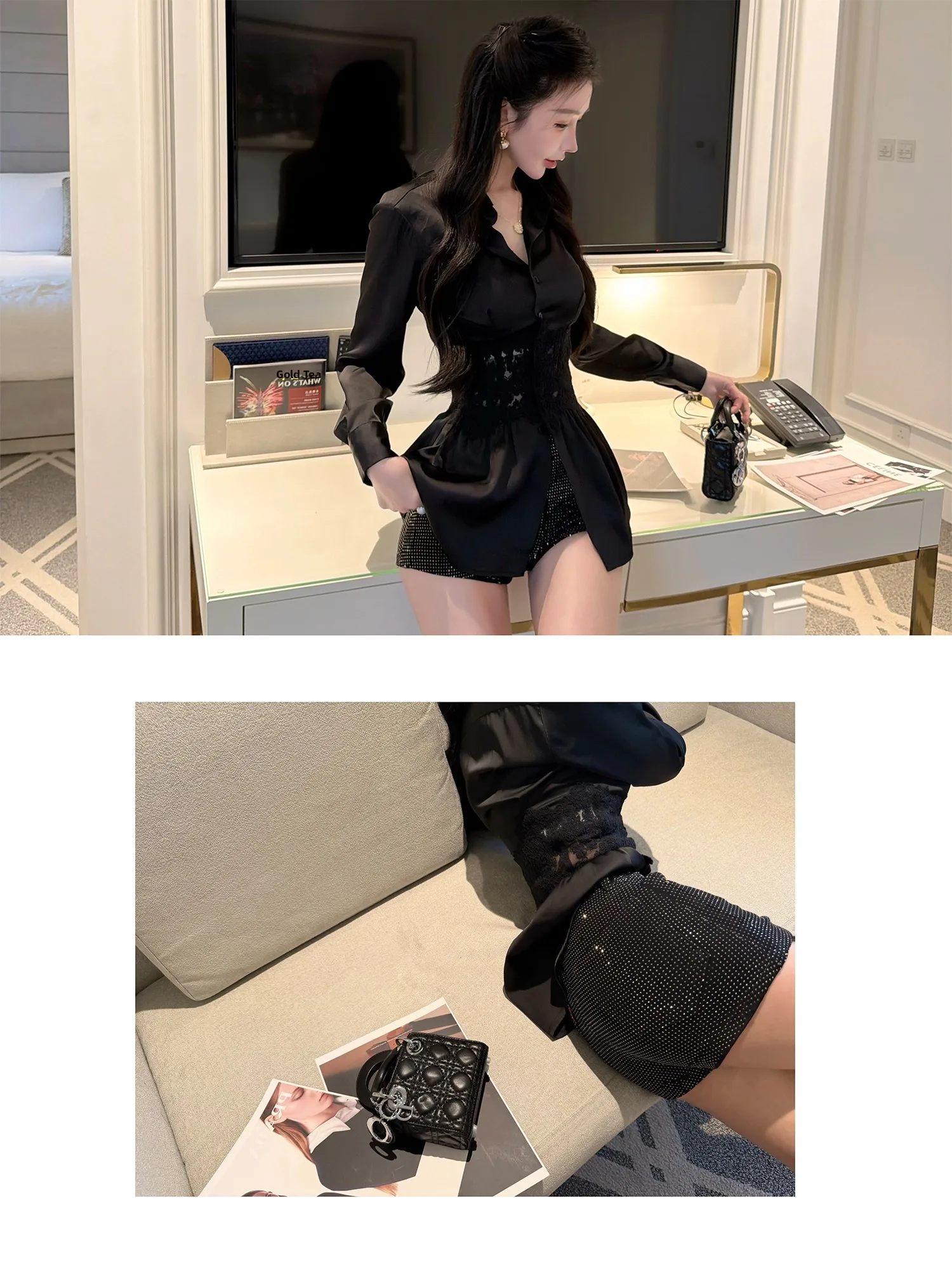

Slimming Stripe Shirt LADIESFIRST Women's Casual Style Long Sleeve Lace Patchwork Waist-Cinching Fishbone Design Top