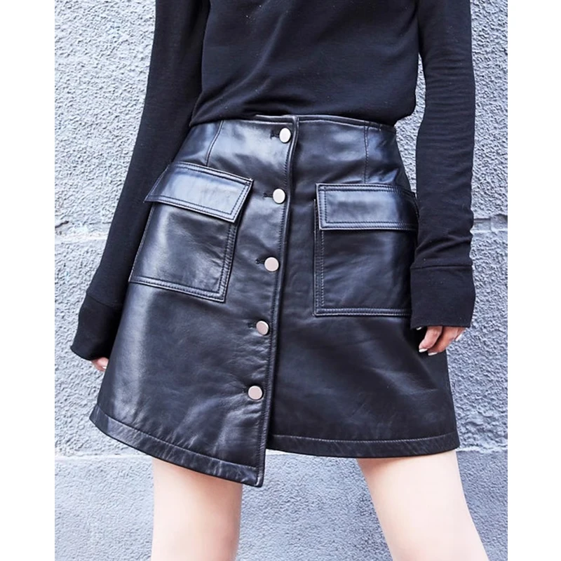 

M-3XL Fall Winter High Waist Real Leather Skirts for Women Fashion Single-breasted Irregular A-line Pockets Sheepskin Skirts