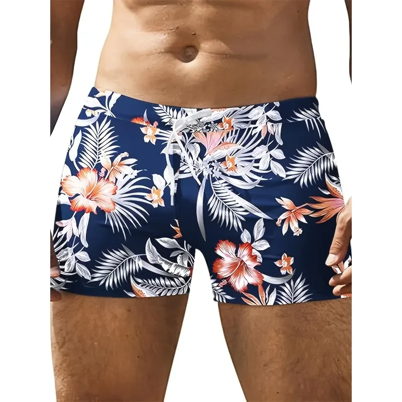 Summer men's printed drawstring tight beach swimming design sense fashion simple boxer swimming trunksbvv