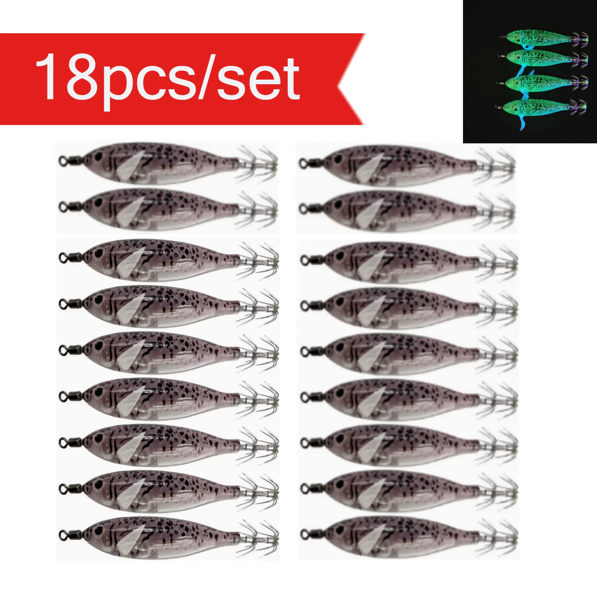 18pcs/set Luminous Squid Jig 8cm/ 5.7g Shrimp Fishing Lures Hook Sea Fishing Octopus Lure Accessories Artificial Bait