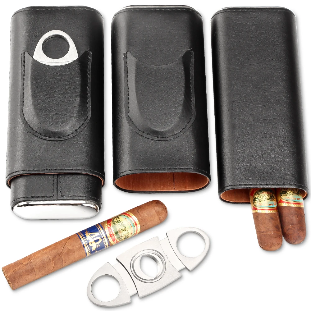 GALINER Portable Travel Cigar Case With Cutter Guillotine Cigar Travel Humidor Leather Cedar Wood Lined Cigar Bag