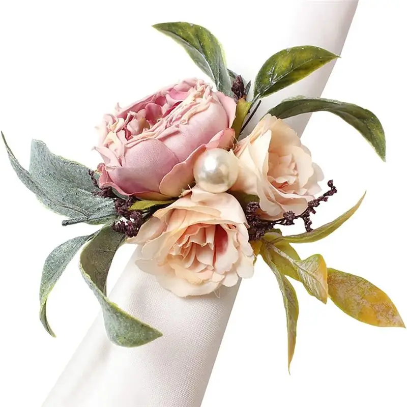 ABKJ-Simulated Flower Napkin Ring Rose Flower Napkin Ring Cloth Art Western Dinner Napkin Button Durable Easy To Use