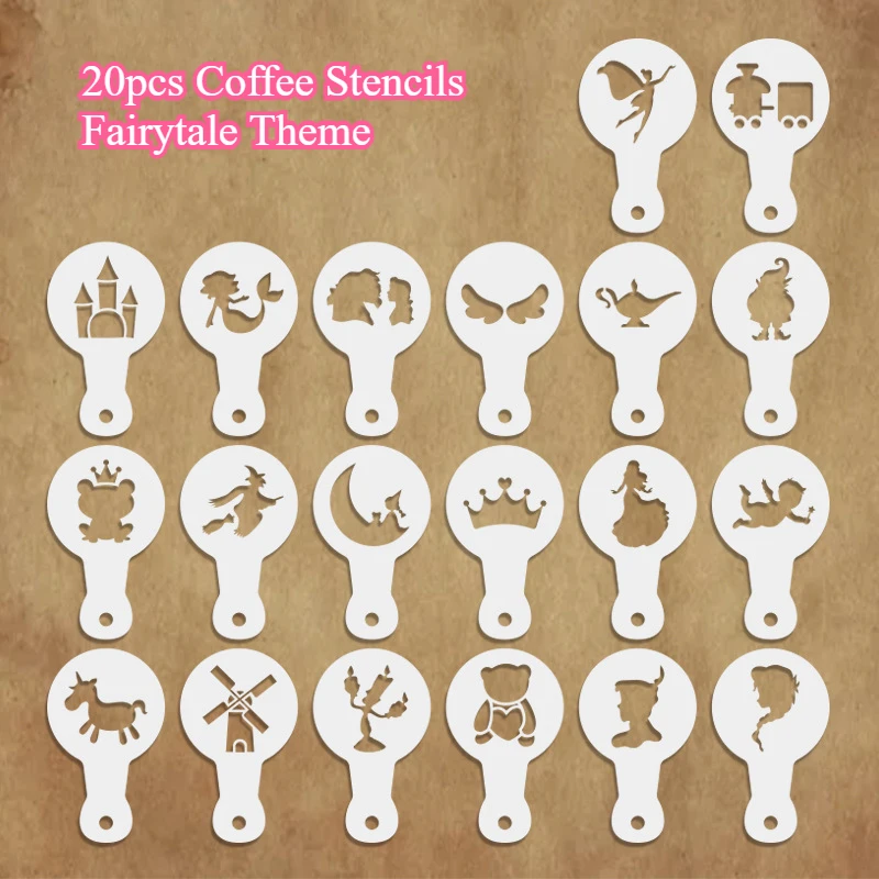 

20PC Coffee Stencils Decor Reusable DIY Cappuccino Latte Barista Accessories Fairytale Theme Coffee Printing Model Powdered Tool