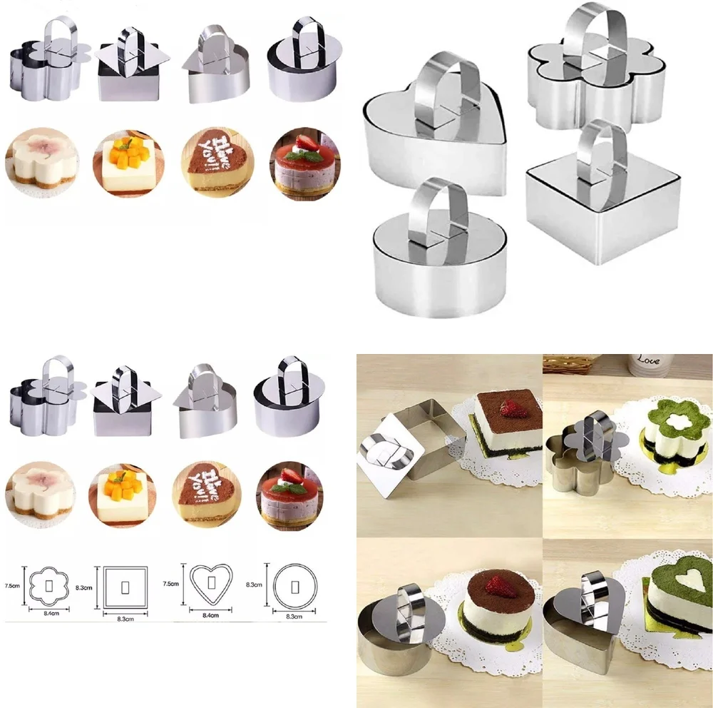 

4 Pack Stainless Steel Mousse Ring Mold Set with Pusher Tool Mini Cake Cutter for Baking Dessert Decorating Easy Release Non