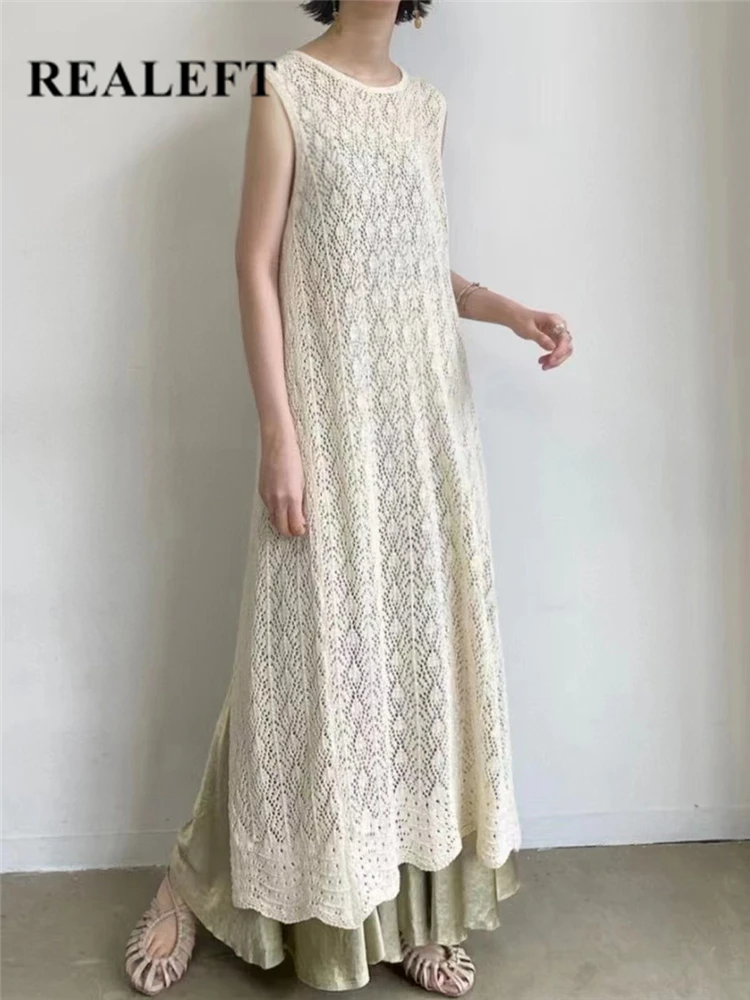 REALEFT Summer Bohemian Lace Crochet Long Dresses 2023 New Sleeveless Backless O-Neck Hollow Out Beach Tank Dress Female