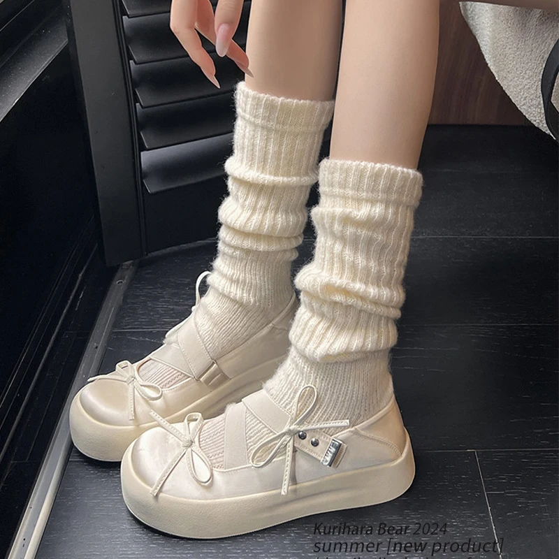 

Women Mary Jane Shoes Retro Sweet Bow Tie Round Head Flats Thick Bottom Heightening Leather Shoes College Lolita Platform Shoes