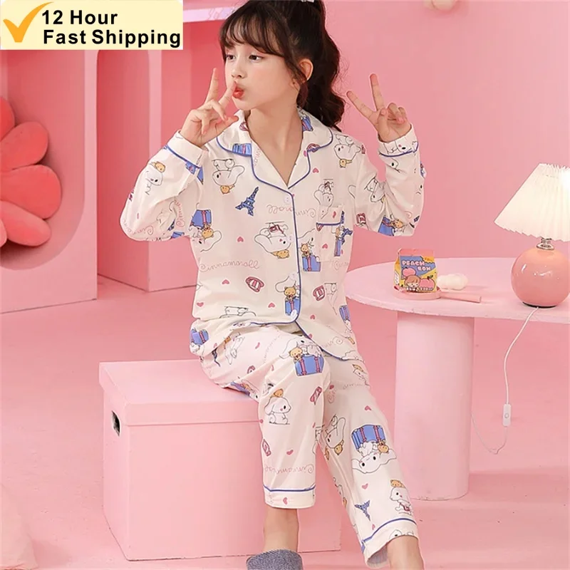 Sanrio Cinnamoroll Pajamas Kuromi My Melody Children Casual Spring Home Long Sleeve Flip Neck Cardigan Kid Girls Nightwear Pants