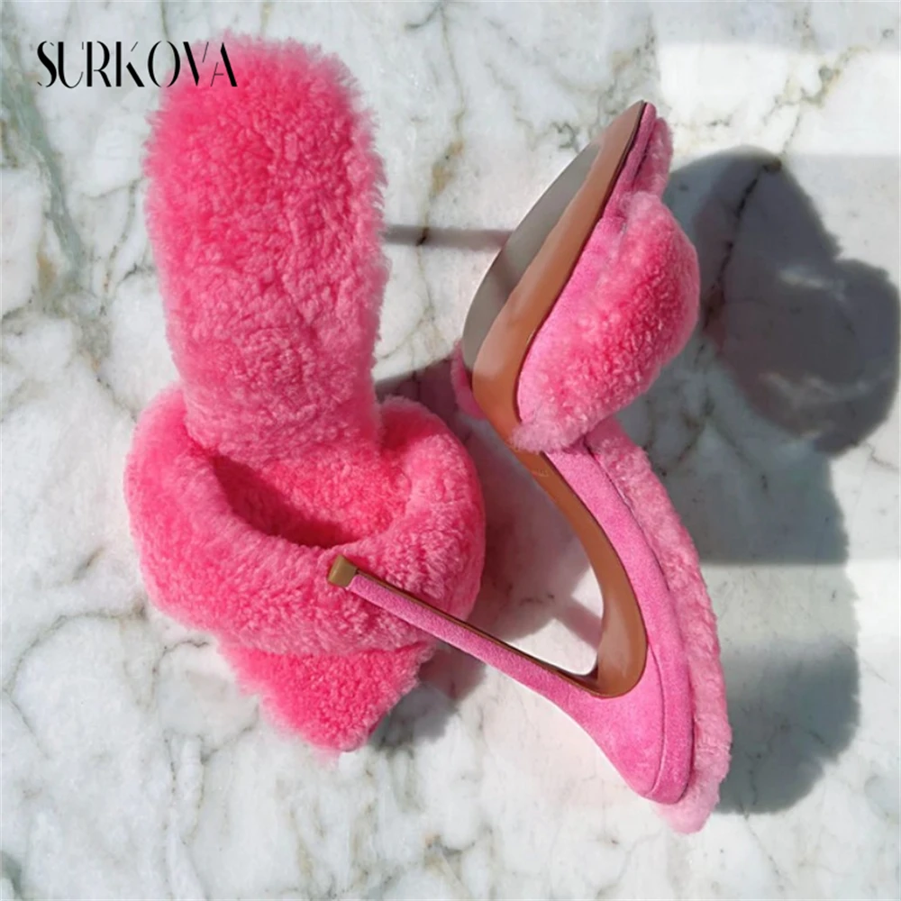 

Lambswool Peep Toe High Heel Slippers Point Toe Super High Heel Ladies Slippers Summer Solid Color Outdoor Slippers New Arrivals