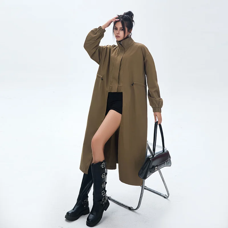 Women Work Irregular Trench Coats Maxi Long Jacket Full Sleeves Stand Collar Zipper Loose Fit Elegant Casual 2025 Autumn Winter