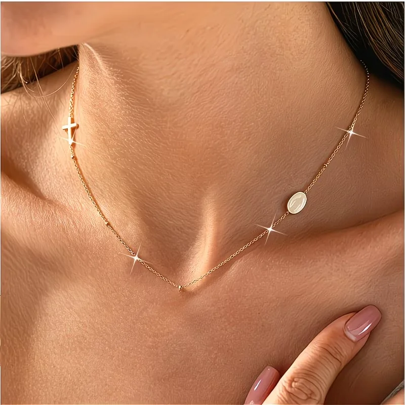 Stainless Steel Dainty Sideway Cross Pattern Charm Necklace Oval Christian Pendant Beaded Chain Clavicle Choker for Female Gifts