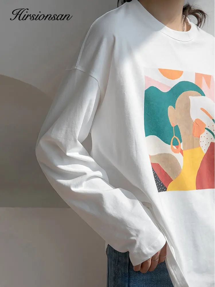 Hirsionsan Vintage Printed Long Sleeve T-shirt Women Loose 100% Cotton O-neck Tees Female Chic Aesthetic Graphic Pullover 2023