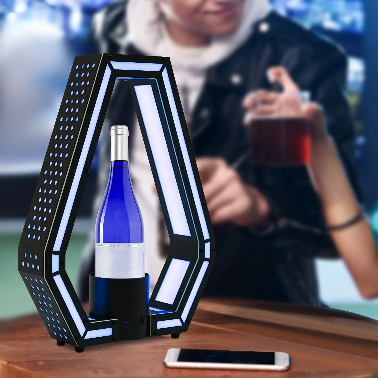 Portable Glowing Liquor Bottle Display Shelf, 7-color LED Light, Decorative Wine Bottle Stand with Remote Control 100-240V