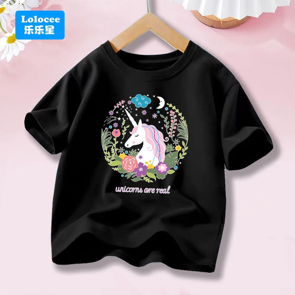 Summer Girls' Casual Cute Cartoon Unicorn Print Round Neck T-Shirt, Suitable For Girls Summer Travel Top Tee  DJSHH1