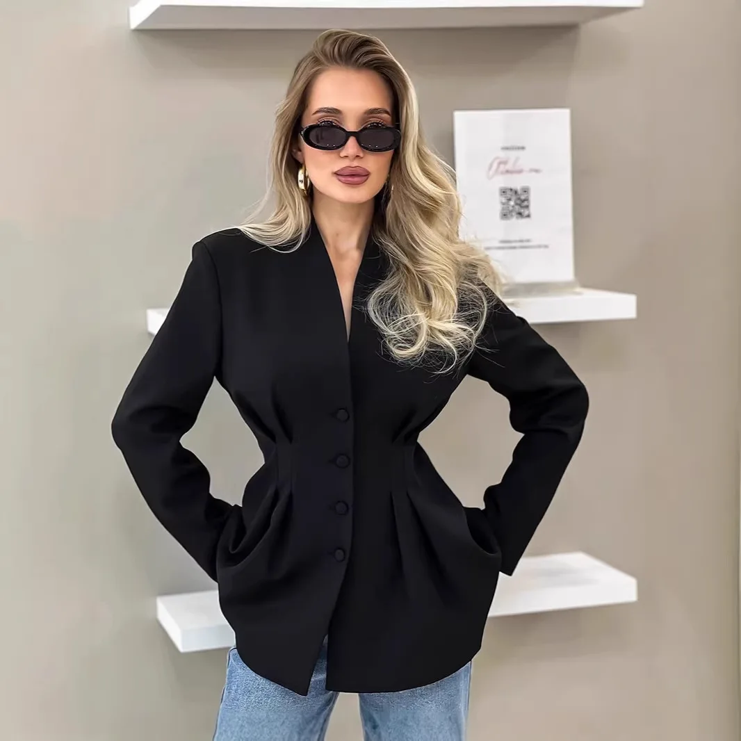 Corset Waist Black Blazer Women Sexy Collarless Slim Fit Pleated Suit Jacket Chic Office Lady Elegant Hourglass Blazers Outwear