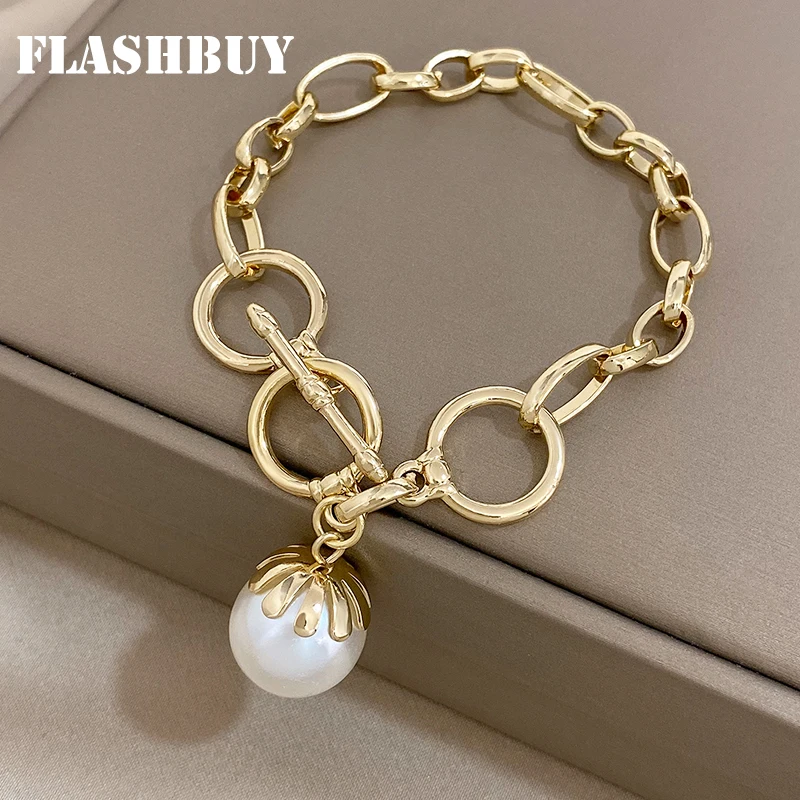 Flashbuy Fashion Gold Color Chain Bracelets for Women Simple Imitation Pearl pendant Bracelet Wrist Accessories Gift