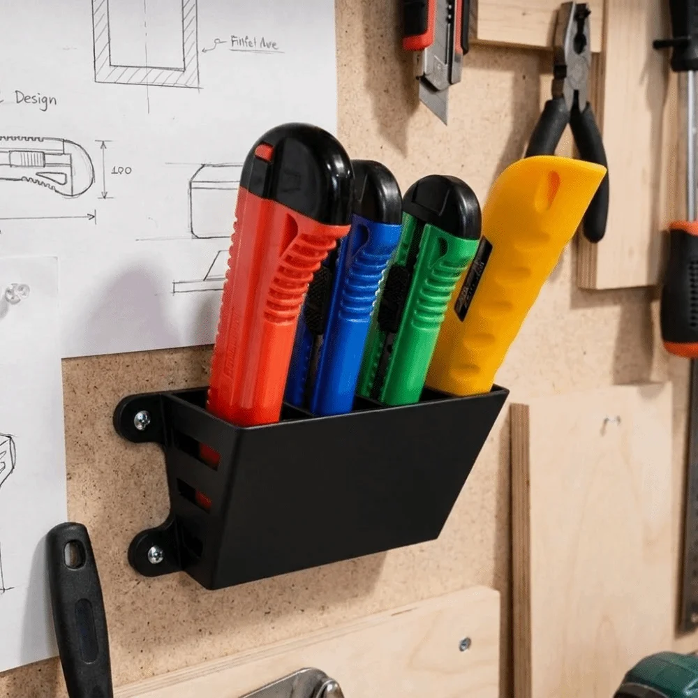 3D Printed Wall Mount Cutter Holder 4 Slots Plastic Hardware Storage Box Space Saving Workbench Wall Supply Holder Garage