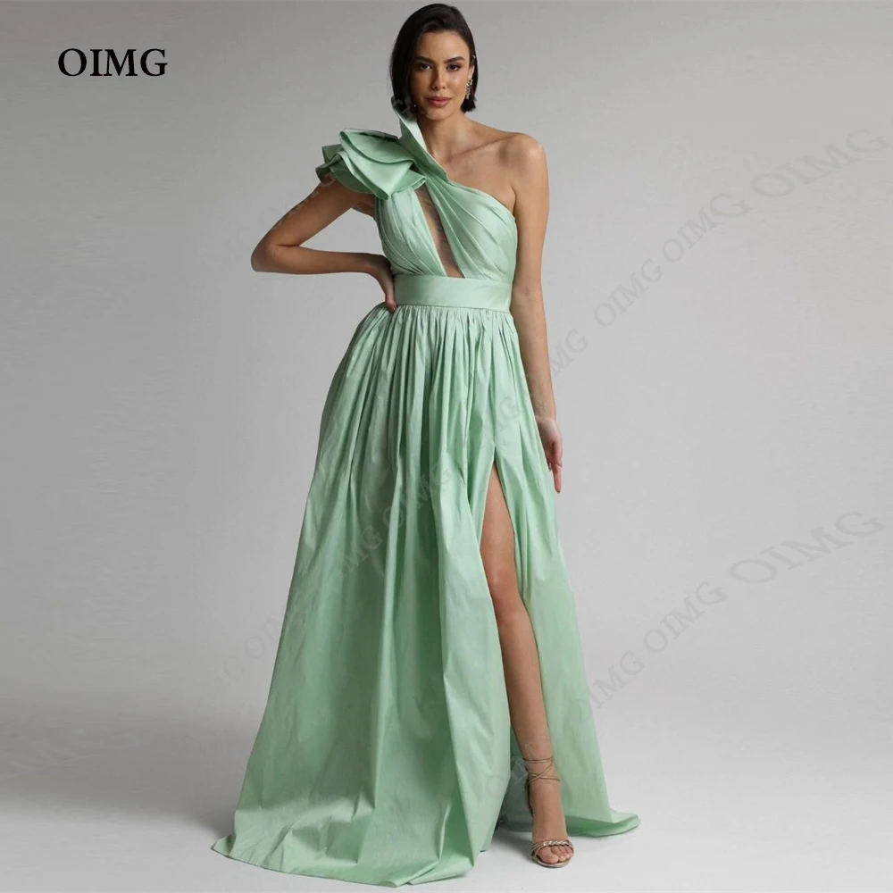 

OIMG Simple Green Taffeta Long Prom Dresses Side Slit Floor Length One Shoulder A Line Evening Gowns Wedding Party Dresses