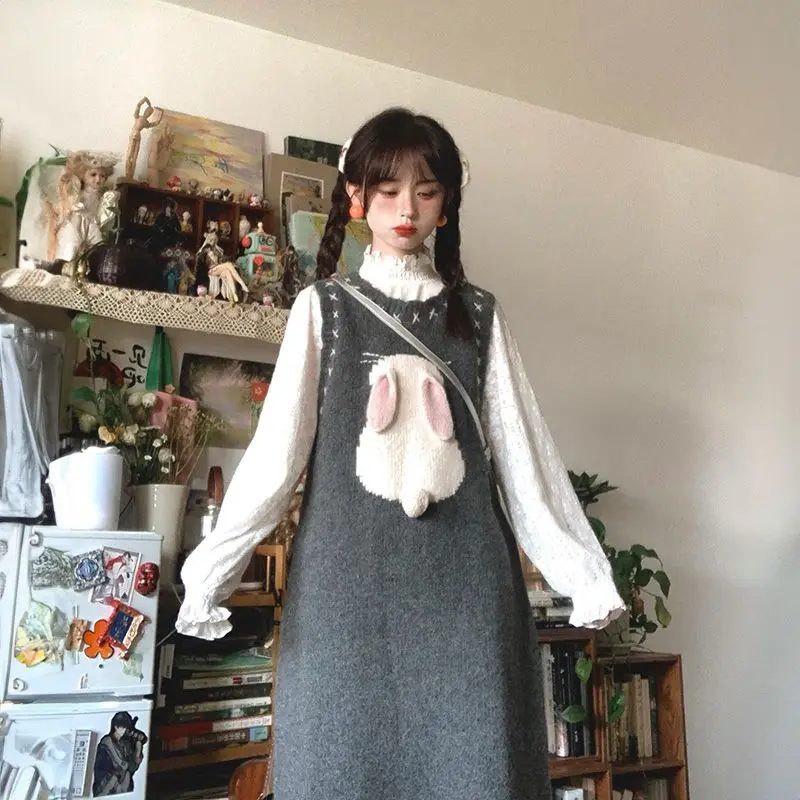 Gagarich Single Piece Set College Style Sweet Cute Three-dimensional Rabbit Knitted Sweater Vest Dress Women Mushroom Edge Shirt