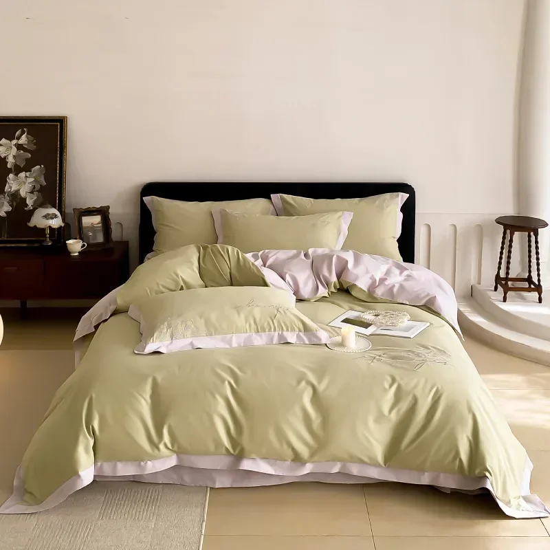 Pure Cotton 60S Satin Ceramic Matte Four Piece Set with Simple Embroidery, Quilt Cover, Autumn and Winter Bedding