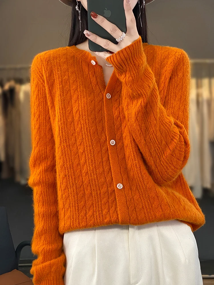 2024 New Women Cardigan Sweater High Quality 100% Merino Wool O-Neck Long Sleeve Cashmere Knitwear Spring Autumn Female Clothes