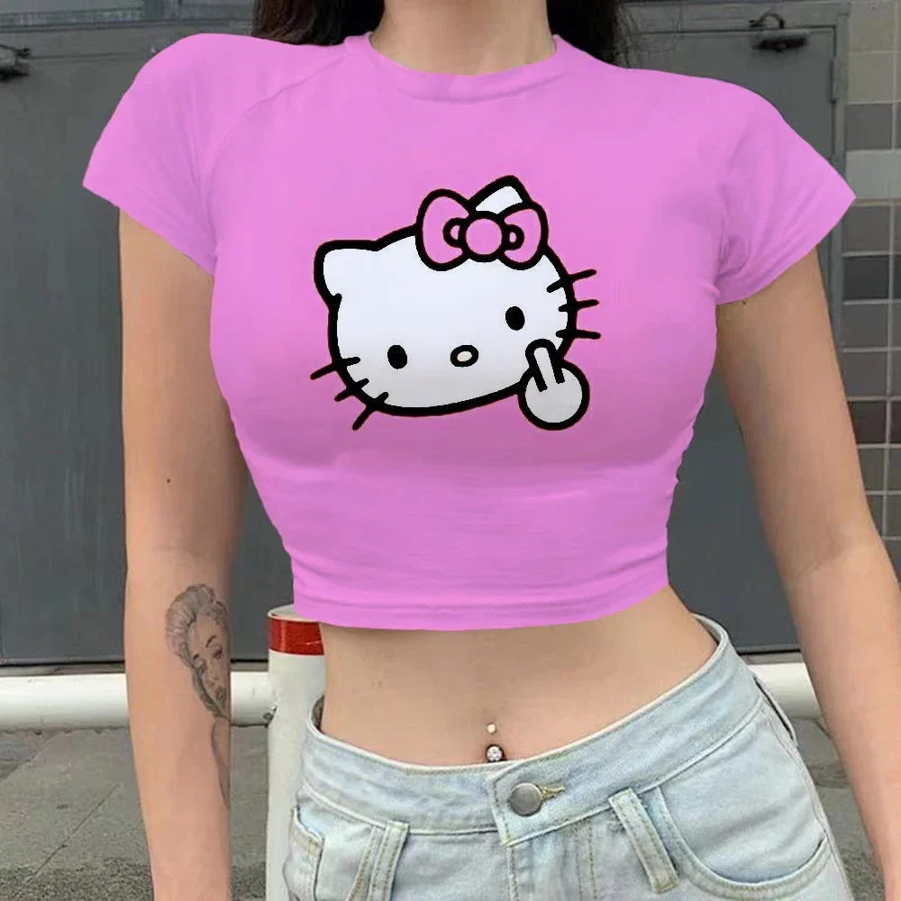 Fashion Sexy Kawaii Print Female Clothing Cartoon Y2k Party Hello Kitty Summer Crop Top Slim Fit T Shirt Tight Women\'s T-shirt