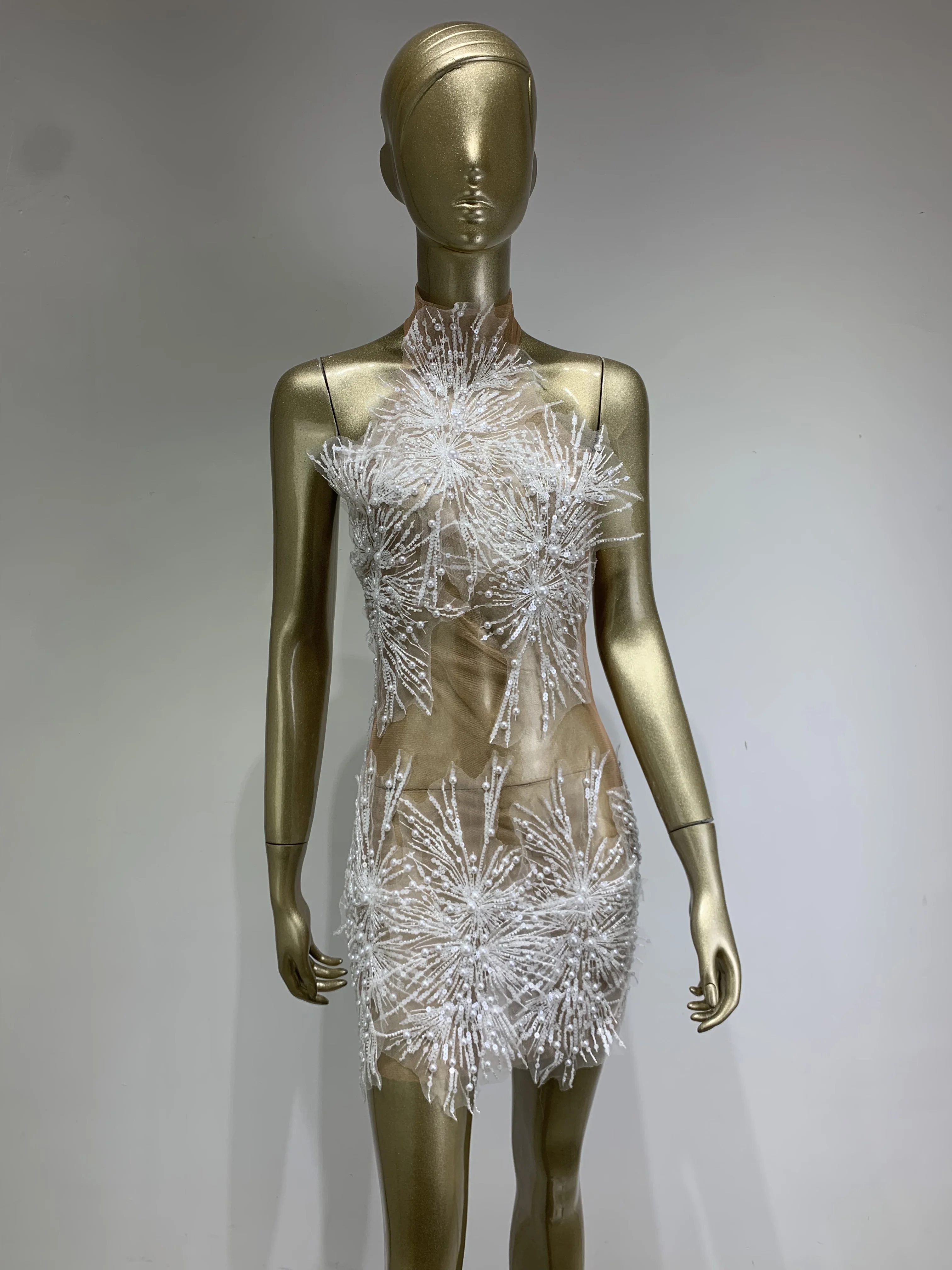 Women Sexy Sheer Transparent Pearl Sequin Neckline Open Back Mini Dress Female Singer Bar Nightclub Stage Performance Clothing