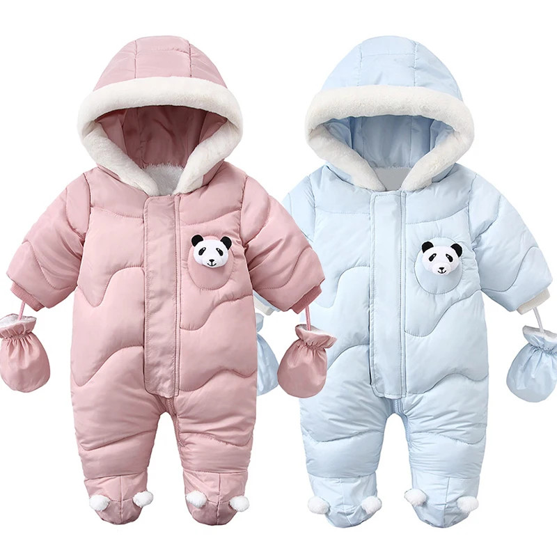 Winter Baby Coat Cute Panda Romper With Gloves Newborn Cotton Plus Velvet Warm Baby Jumpsuit Hooded Infant Clothing Set 0-18M