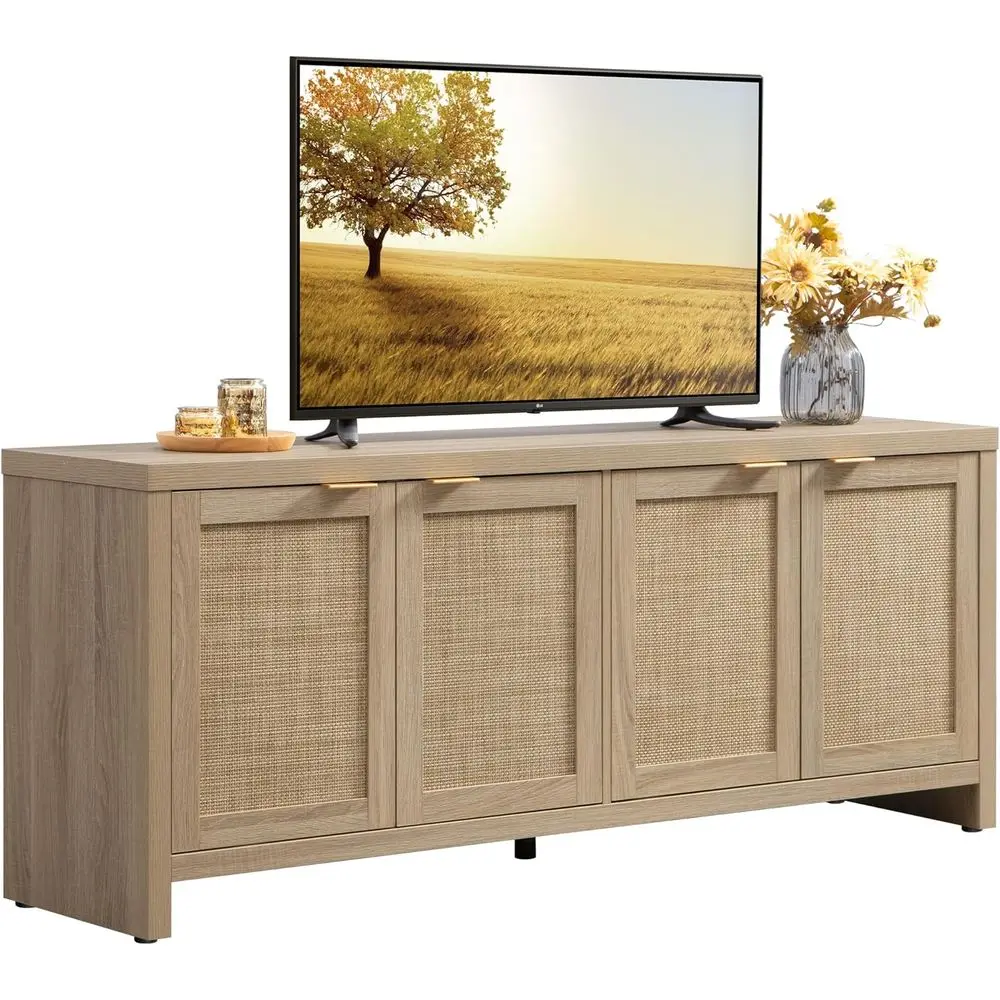 Large 65 TV Media Console with 4 Rattan Cabinet Storage for Living Room and Bedroom