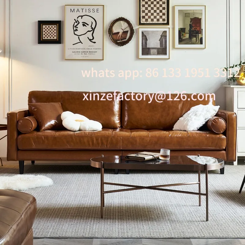 أريكة جلدية قابلة للتخصيص، شقة صغيرة، طبقة أولى من جلد البقر، طراز متوسط قديم، شمع زيتي، جلد أمريكي قديم، إيطالي