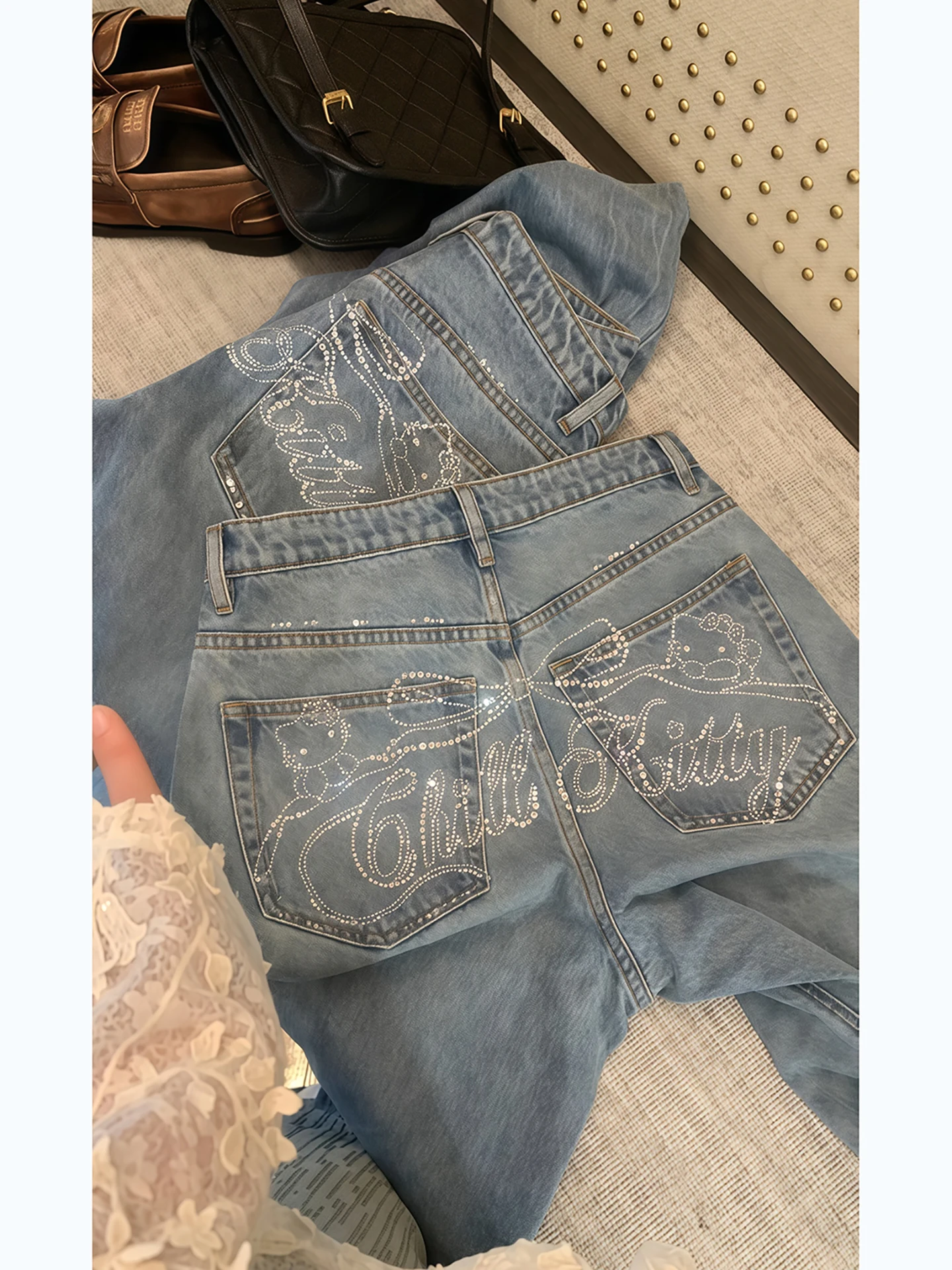 

Американские ретро-брюки из денима с высокой талией, украшенные стразами, прямые, широкие, струящиеся, в пол, с эффектом похудения