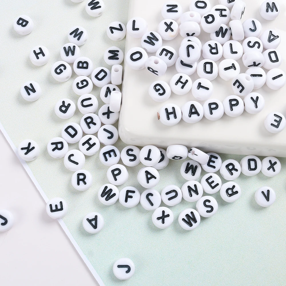 

100pcs Acrylic White With Black Letters Loose Beads For Diy Bracelet Necklace Beads Jewellery Accessories Materials