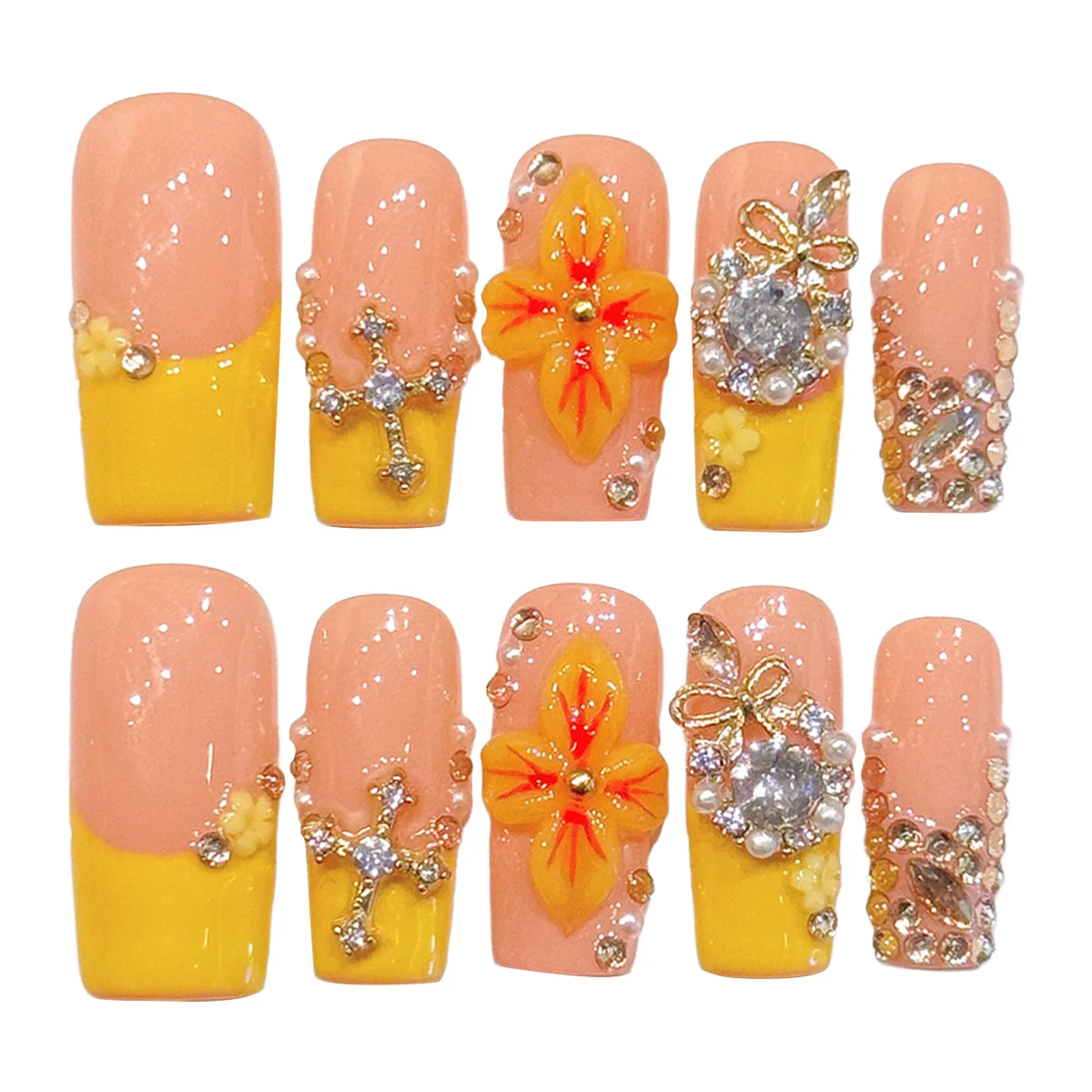Handmade Rectangular Press On Nails Resin Warm Yellow French Style Glitter Rhinestone False Nail Tips For Wedding Fashion Party