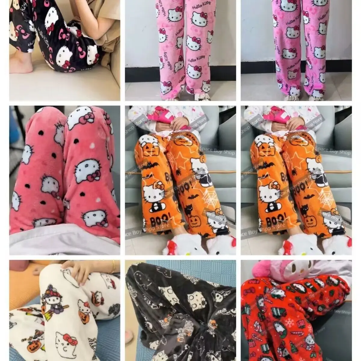 Sanrio Hello Kitty Pajamas Pants Black Pink Anime Flannel Women Warm Woolen White Cartoon Casual Home Autumn Winter Fashion Pant