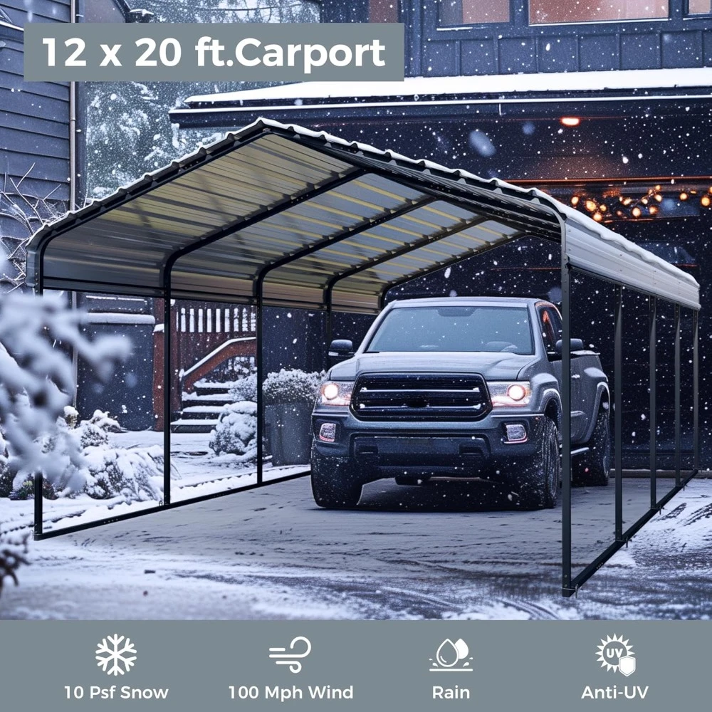 12 x 20 ft Metal Carport Kits with Galvanized Steel Roof, Heavy Duty Metal Carport Canopy, Outdoor Car Tent Metal Garage Shelter