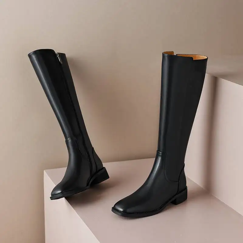Krazing Pot Cow Leather Square Toe Thick Med Heels Winter Keep Warm Equestrian Boots Fashion Daily Wear Chic Thigh High Boots