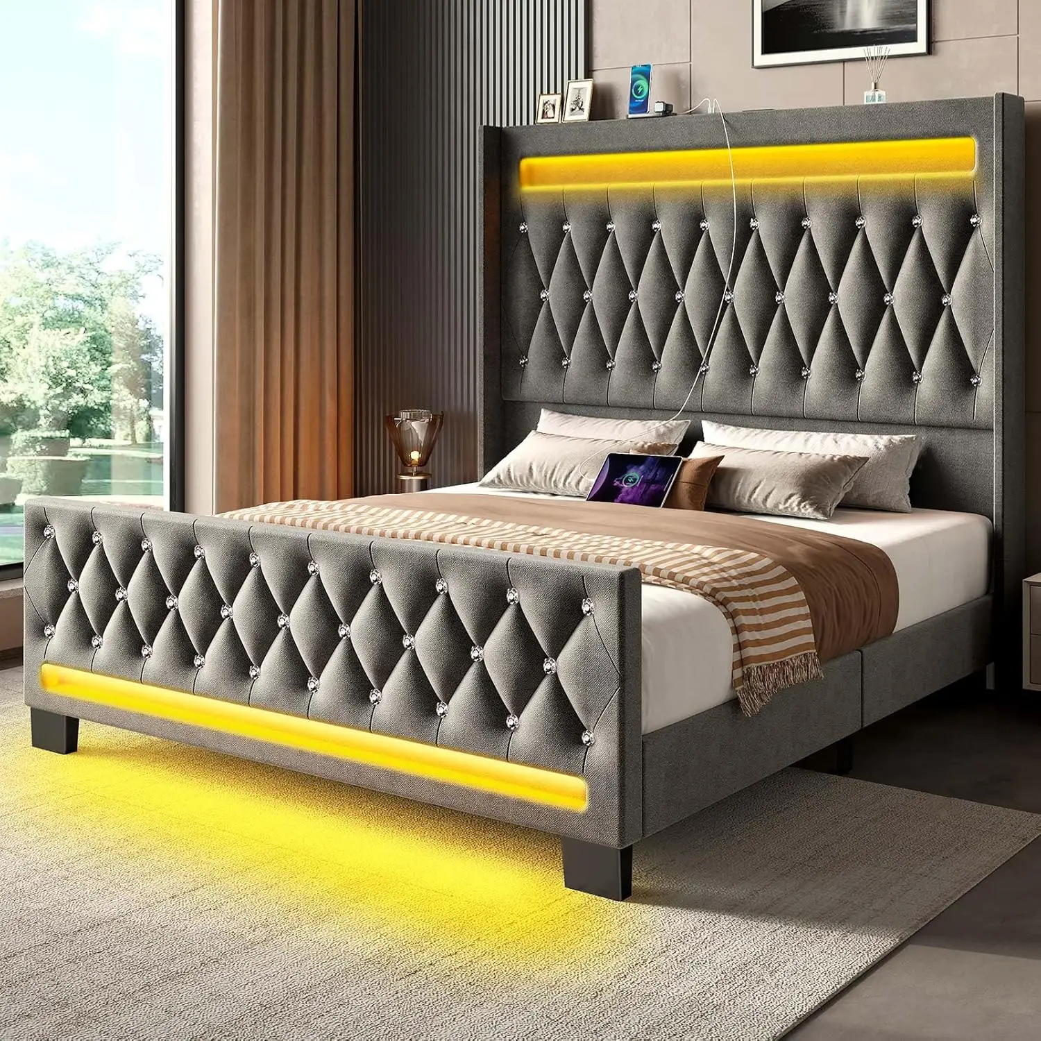 

Rolanstar King Bed Frame with LED Light and Charging Station, Upholstered High Headboard and Footboard, Wood Slats,