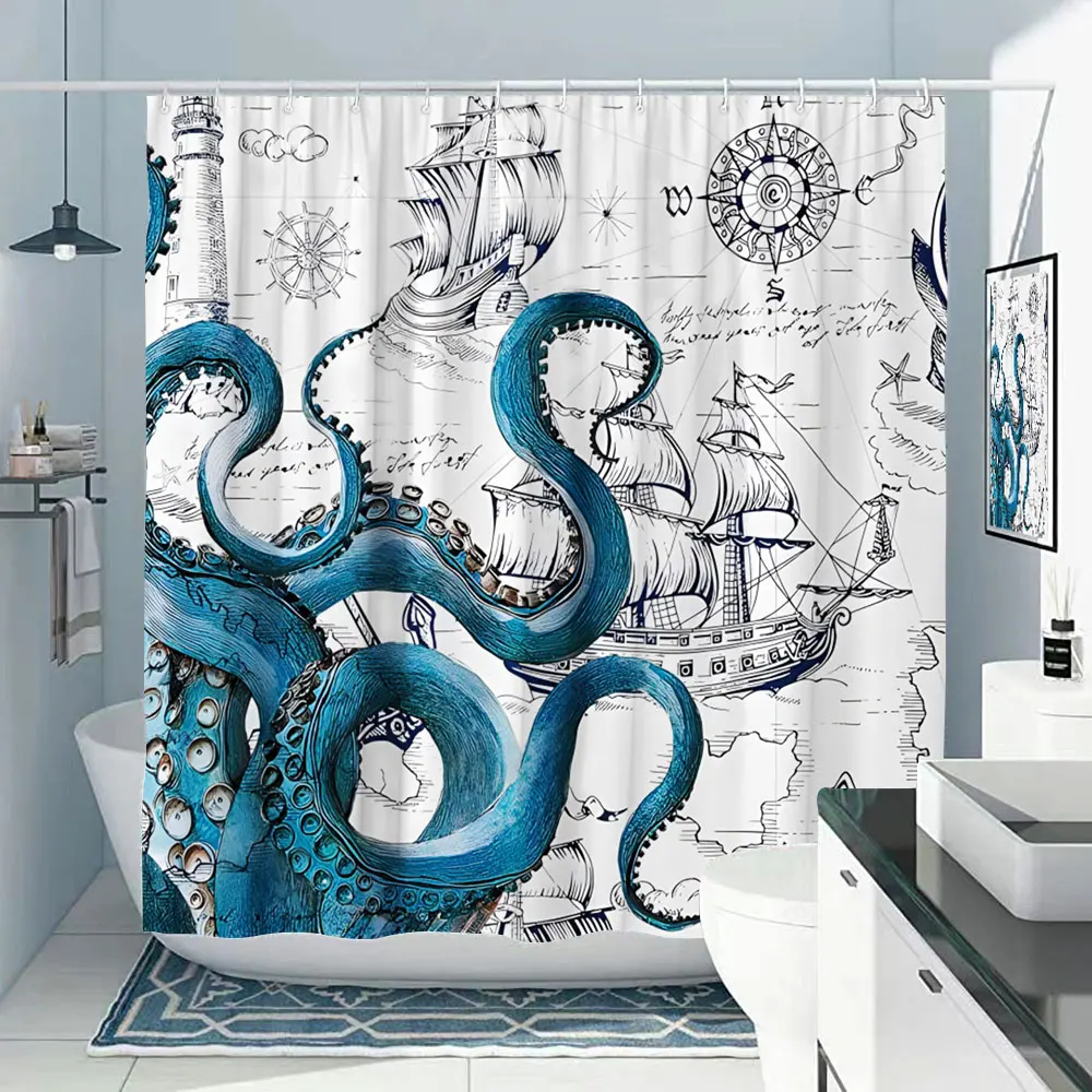 

Octopus Shower Curtain Nautical Ocean Sea Turtle Beach Coastal Blue Fish Seashell Jellyfish Fabric Bath Curtains Bathroom Decor