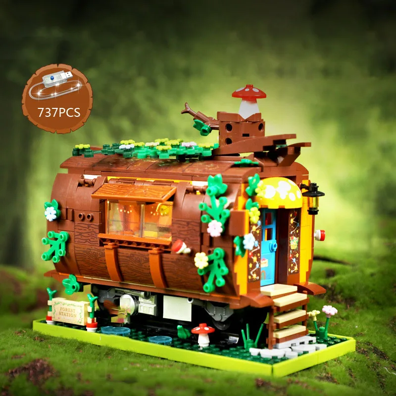 

Creative City Street View Forest Train Carriage Building Block Figures Construction Bricks Toys With Light Collection For Gifts